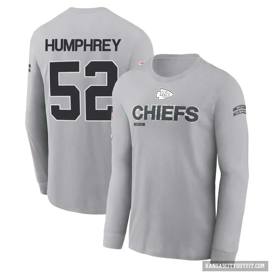 Youth ＃52 Creed Humphrey Kansas City Chiefs Gray 2024 Salute to Service Long Sleeve T-Shirt