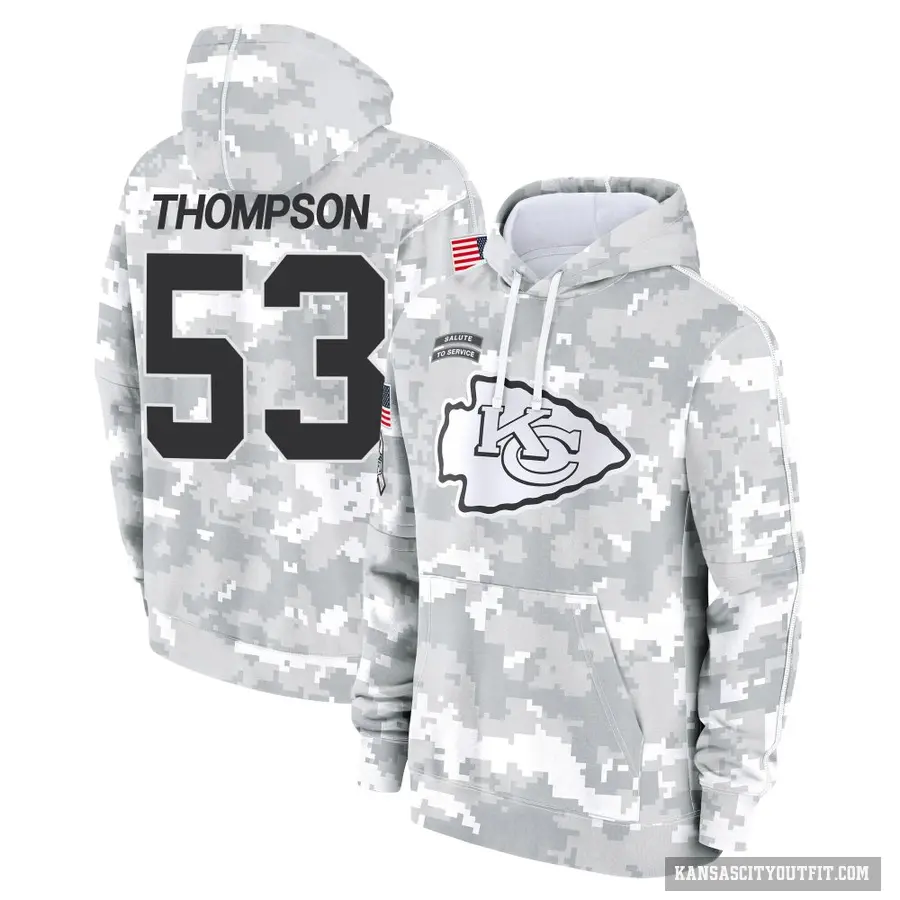 Youth ＃53 BJ Thompson Kansas City Chiefs Arctic Camo 2024 Salute to Service Club Fleece Pullover Hoodie