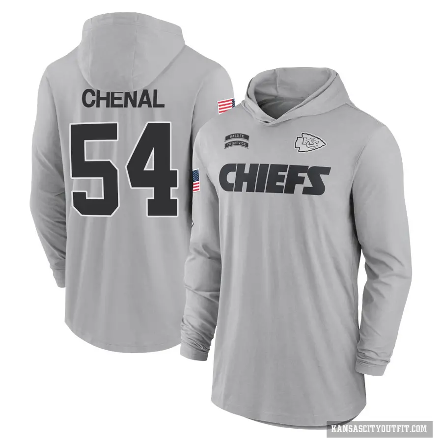 Youth ＃54 Leo Chenal Kansas City Chiefs Gray 2024 Salute to Service Lightweight Performance Long Sleeve Hooded T-Shirt