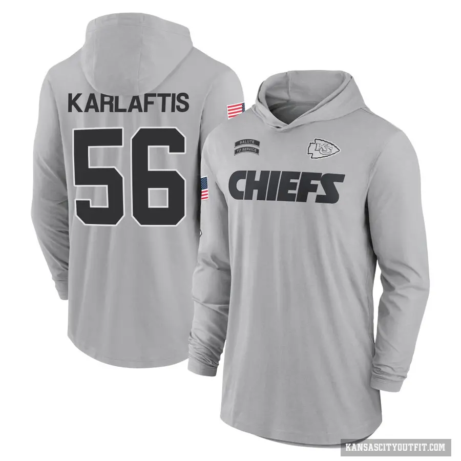 Youth ＃56 George Karlaftis Kansas City Chiefs Gray 2024 Salute to Service Lightweight Performance Long Sleeve Hooded T-Shirt