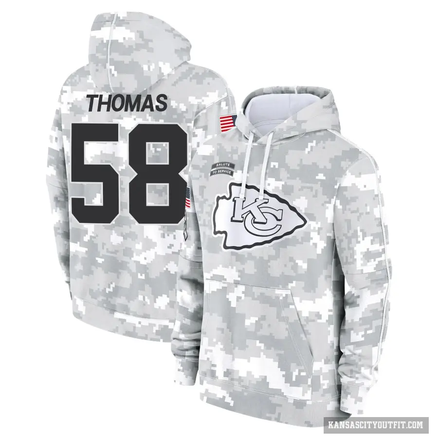 Youth ＃58 Derrick Thomas Kansas City Chiefs Arctic Camo 2024 Salute to Service Club Fleece Pullover Hoodie