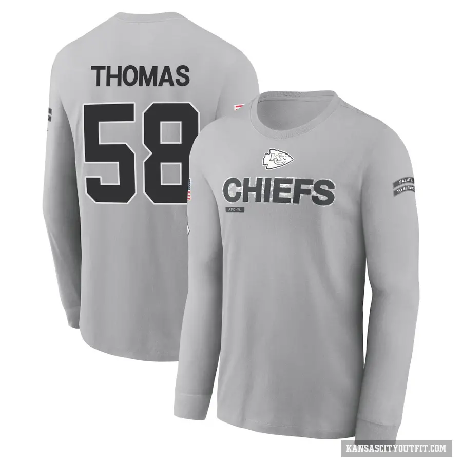 Youth ＃58 Derrick Thomas Kansas City Chiefs Gray 2024 Salute to Service Long Sleeve T-Shirt