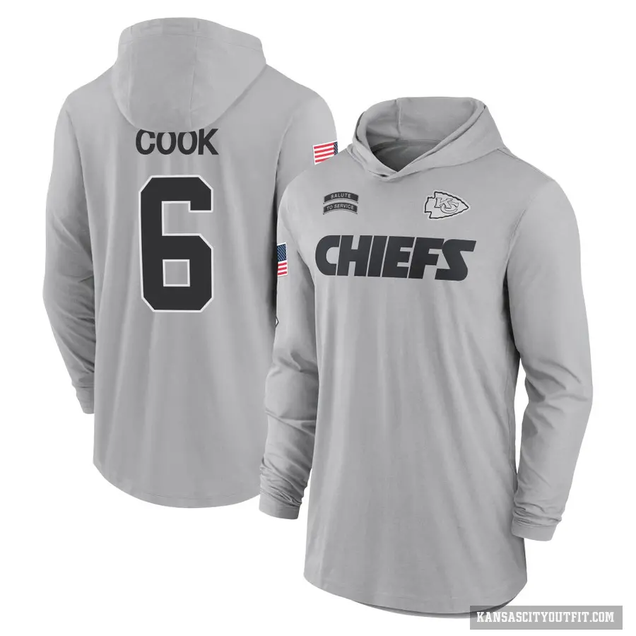 Youth ＃6 Bryan Cook Kansas City Chiefs Gray 2024 Salute to Service Lightweight Performance Long Sleeve Hooded T-Shirt