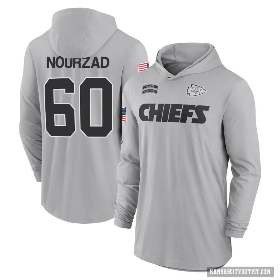 Youth ＃60 Hunter Nourzad Kansas City Chiefs Gray 2024 Salute to Service Lightweight Performance Long Sleeve Hooded T-Shirt