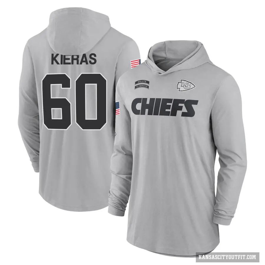 Youth ＃60 Tautvydas Kieras Kansas City Chiefs Gray 2024 Salute to Service Lightweight Performance Long Sleeve Hooded T-Shirt