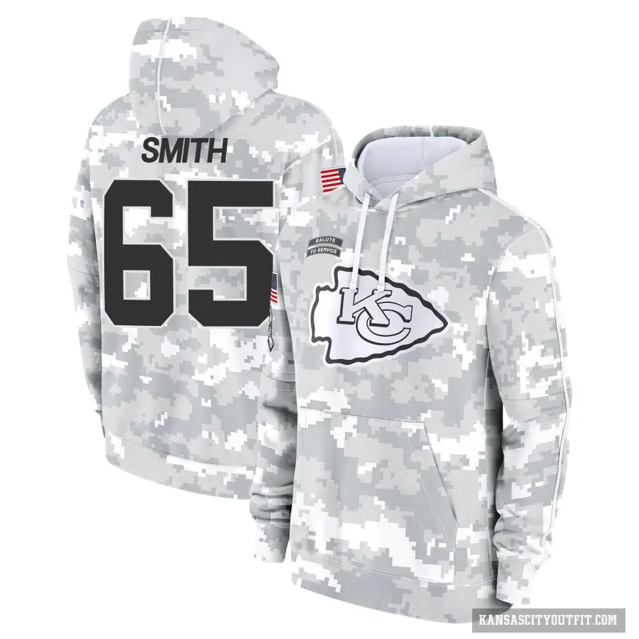 Youth ＃65 Trey Smith Kansas City Chiefs Arctic Camo 2024 Salute to Service Club Fleece Pullover Hoodie