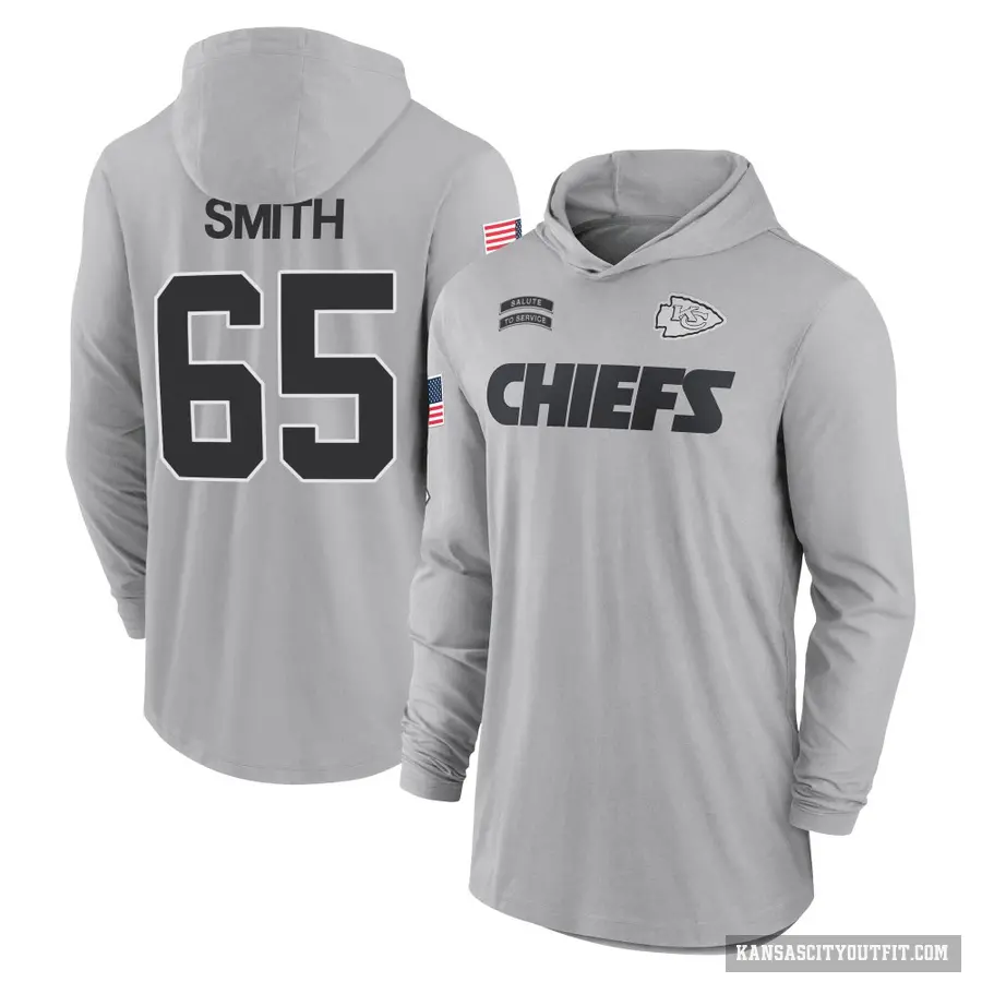 Youth ＃65 Trey Smith Kansas City Chiefs Gray 2024 Salute to Service Lightweight Performance Long Sleeve Hooded T-Shirt