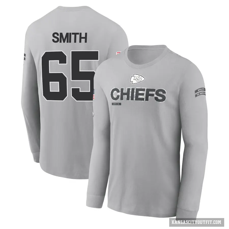 Youth ＃65 Trey Smith Kansas City Chiefs Gray 2024 Salute to Service Long Sleeve T-Shirt