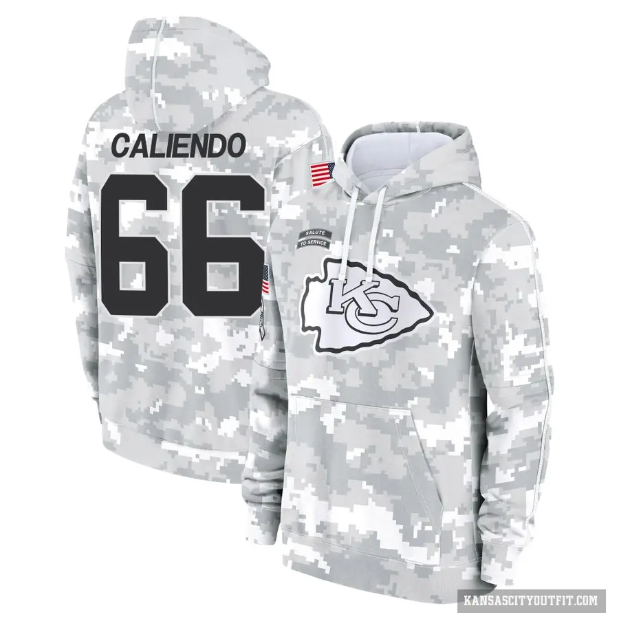 Youth ＃66 Mike Caliendo Kansas City Chiefs Arctic Camo 2024 Salute to Service Club Fleece Pullover Hoodie