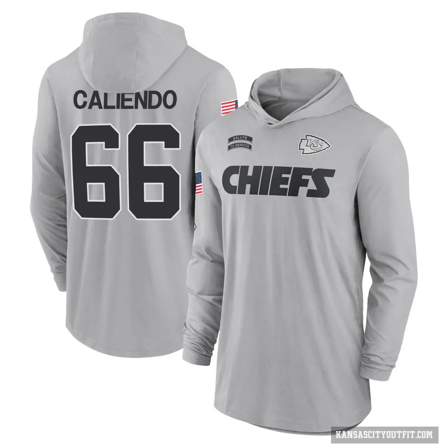Youth ＃66 Mike Caliendo Kansas City Chiefs Gray 2024 Salute to Service Lightweight Performance Long Sleeve Hooded T-Shirt