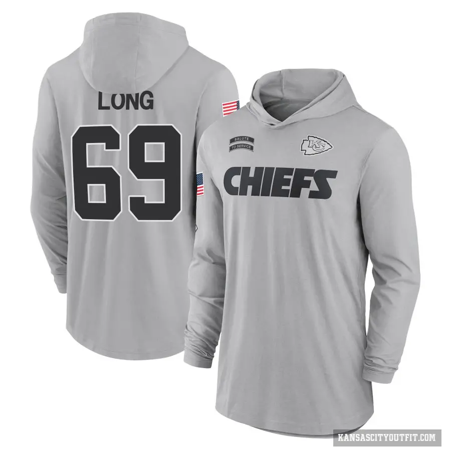 Youth ＃69 Kyle Long Kansas City Chiefs Gray 2024 Salute to Service Lightweight Performance Long Sleeve Hooded T-Shirt