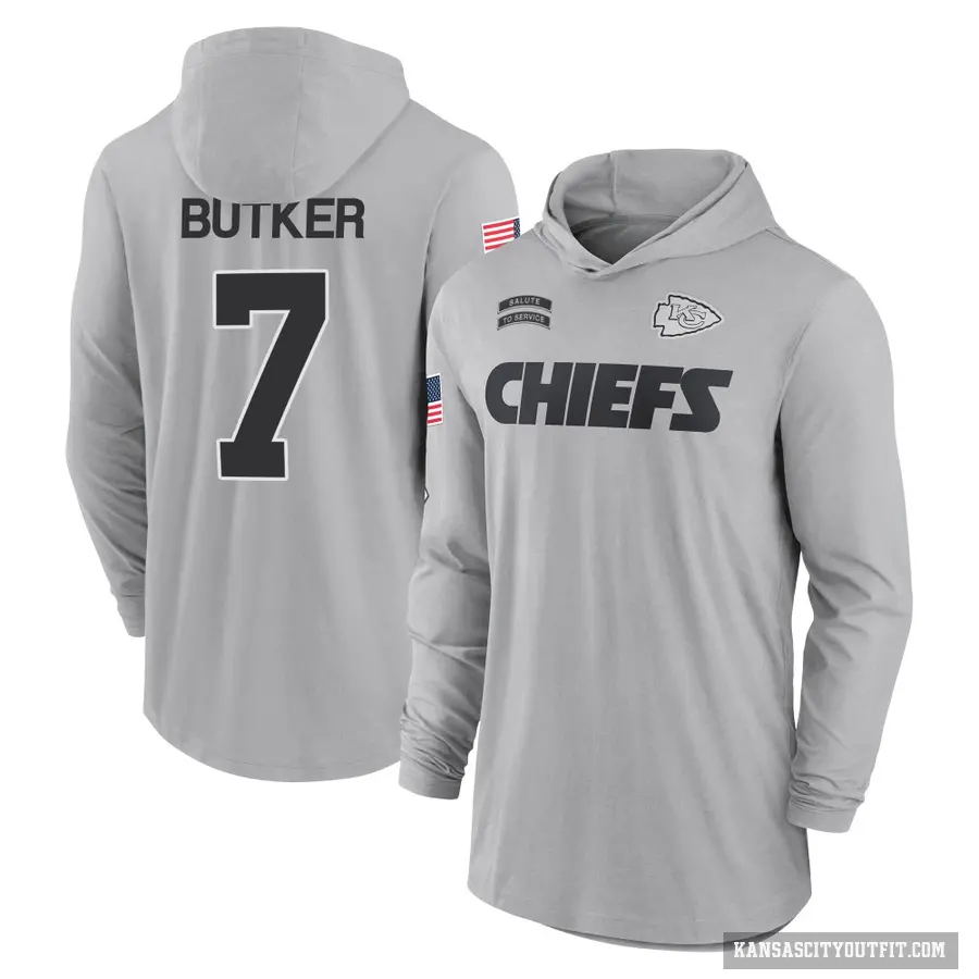 Youth ＃7 Harrison Butker Kansas City Chiefs Gray 2024 Salute to Service Lightweight Performance Long Sleeve Hooded T-Shirt