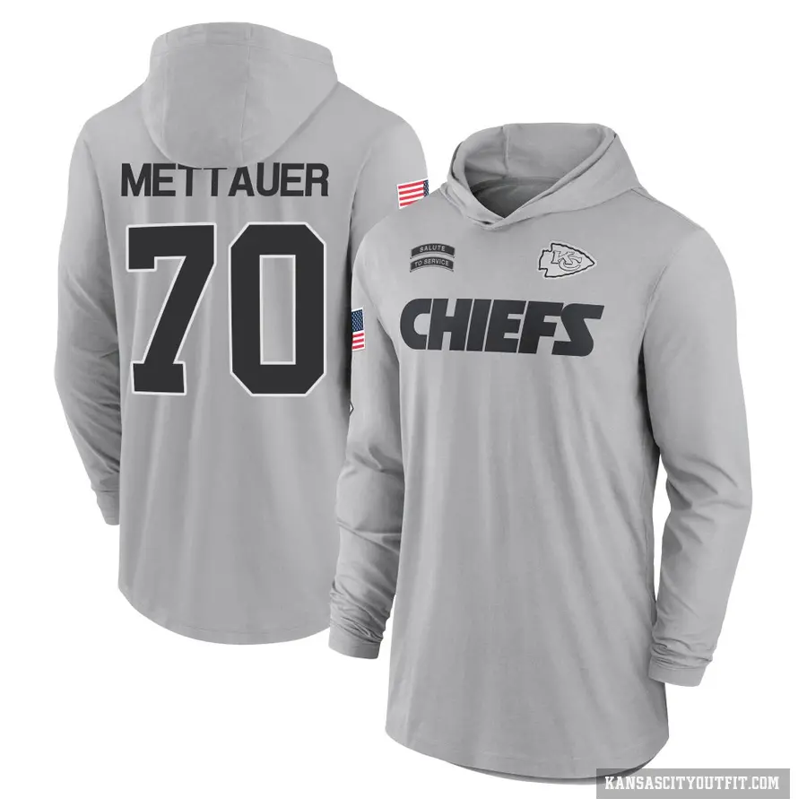 Youth ＃70 McKade Mettauer Kansas City Chiefs Gray 2024 Salute to Service Lightweight Performance Long Sleeve Hooded T-Shirt