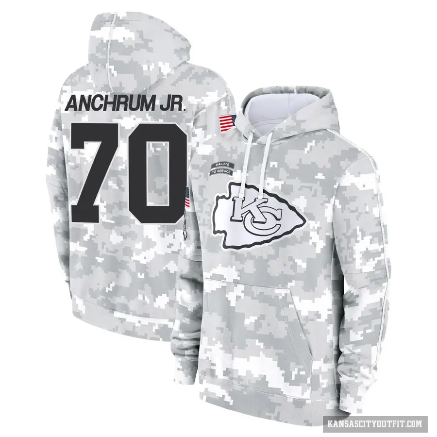 Youth ＃70 Tremayne Anchrum Jr. Kansas City Chiefs Arctic Camo 2024 Salute to Service Club Fleece Pullover Hoodie