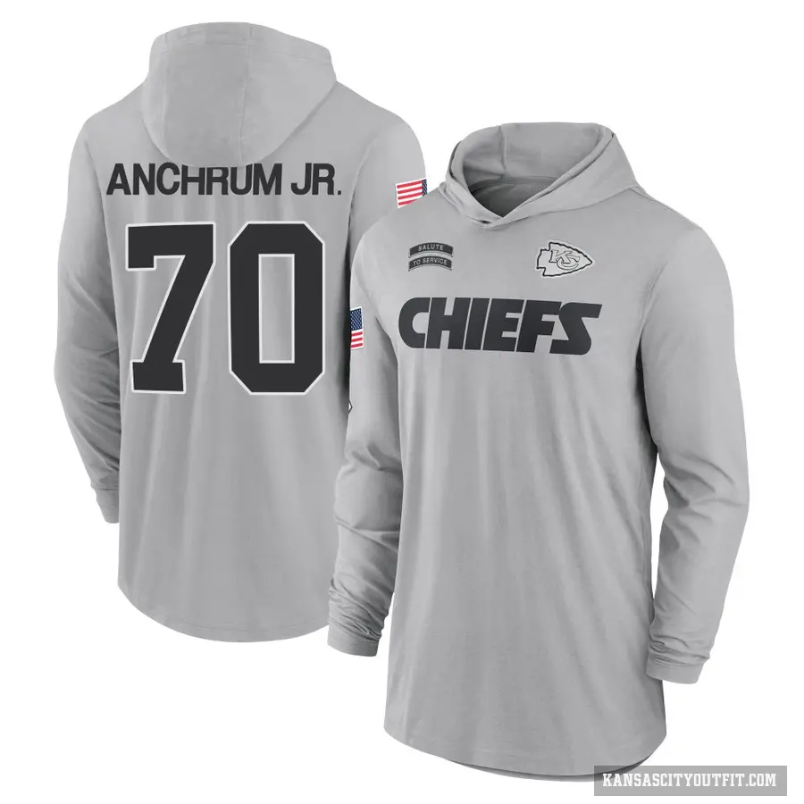 Youth ＃70 Tremayne Anchrum Jr. Kansas City Chiefs Gray 2024 Salute to Service Lightweight Performance Long Sleeve Hooded T-Shirt