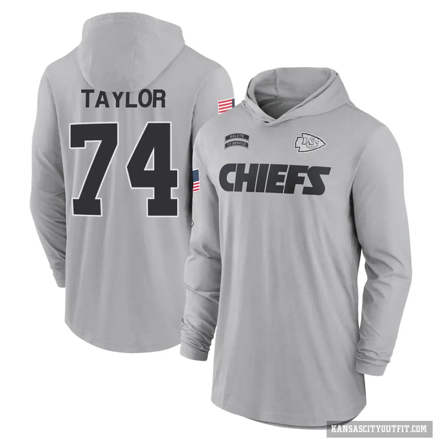 Youth ＃74 Jawaan Taylor Kansas City Chiefs Gray 2024 Salute to Service Lightweight Performance Long Sleeve Hooded T-Shirt
