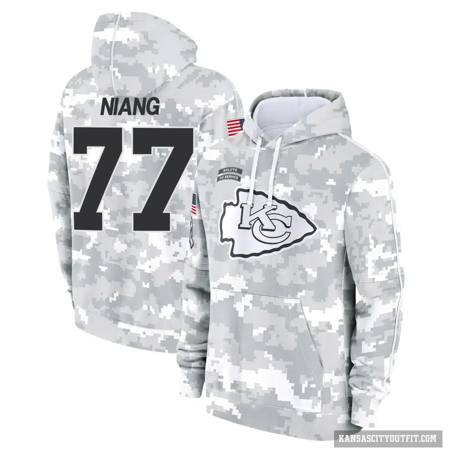 Youth ＃77 Lucas Niang Kansas City Chiefs Arctic Camo 2024 Salute to Service Club Fleece Pullover Hoodie