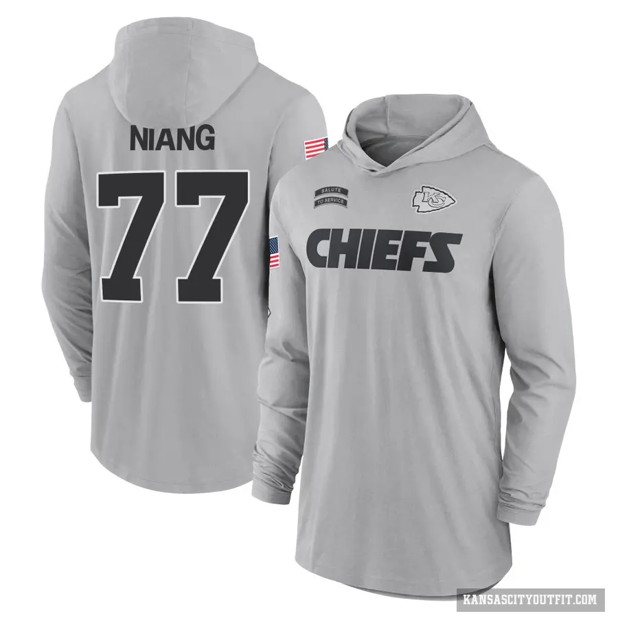 Youth ＃77 Lucas Niang Kansas City Chiefs Gray 2024 Salute to Service Lightweight Performance Long Sleeve Hooded T-Shirt