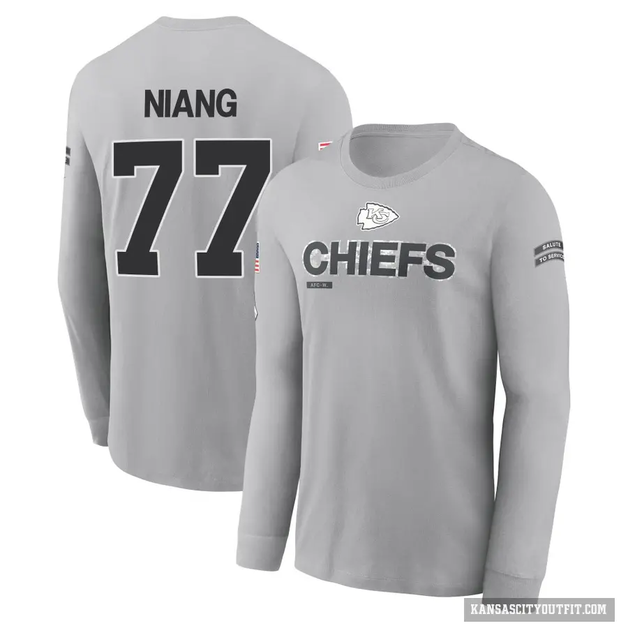 Youth ＃77 Lucas Niang Kansas City Chiefs Gray 2024 Salute to Service Long Sleeve T-Shirt