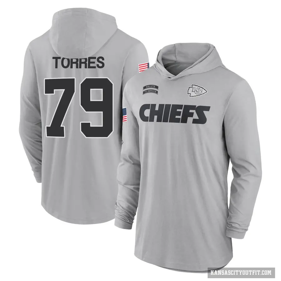 Youth ＃79 Nick Torres Kansas City Chiefs Gray 2024 Salute to Service Lightweight Performance Long Sleeve Hooded T-Shirt