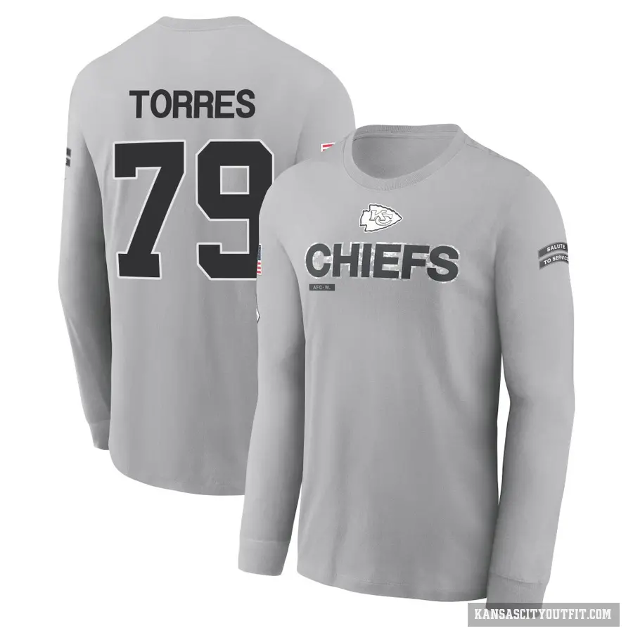 Youth ＃79 Nick Torres Kansas City Chiefs Gray 2024 Salute to Service Long Sleeve T-Shirt
