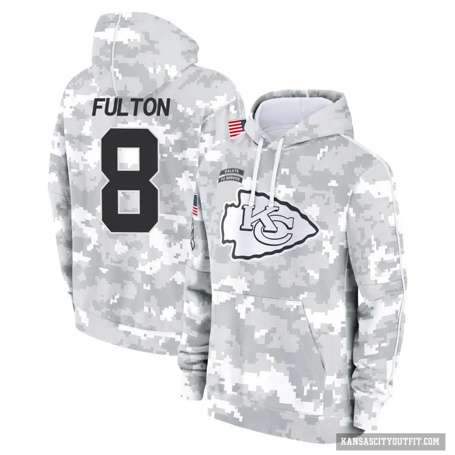 Youth ＃8 Kristian Fulton Kansas City Chiefs Arctic Camo 2024 Salute to Service Club Fleece Pullover Hoodie