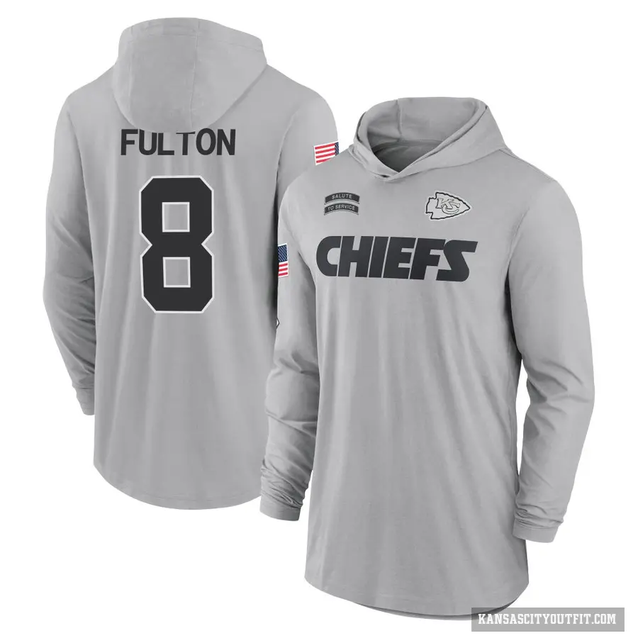 Youth ＃8 Kristian Fulton Kansas City Chiefs Gray 2024 Salute to Service Lightweight Performance Long Sleeve Hooded T-Shirt