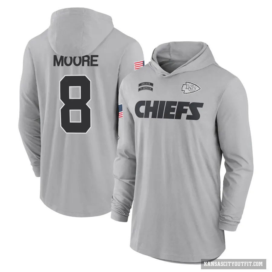 Youth ＃8 Matt Moore Kansas City Chiefs Gray 2024 Salute to Service Lightweight Performance Long Sleeve Hooded T-Shirt