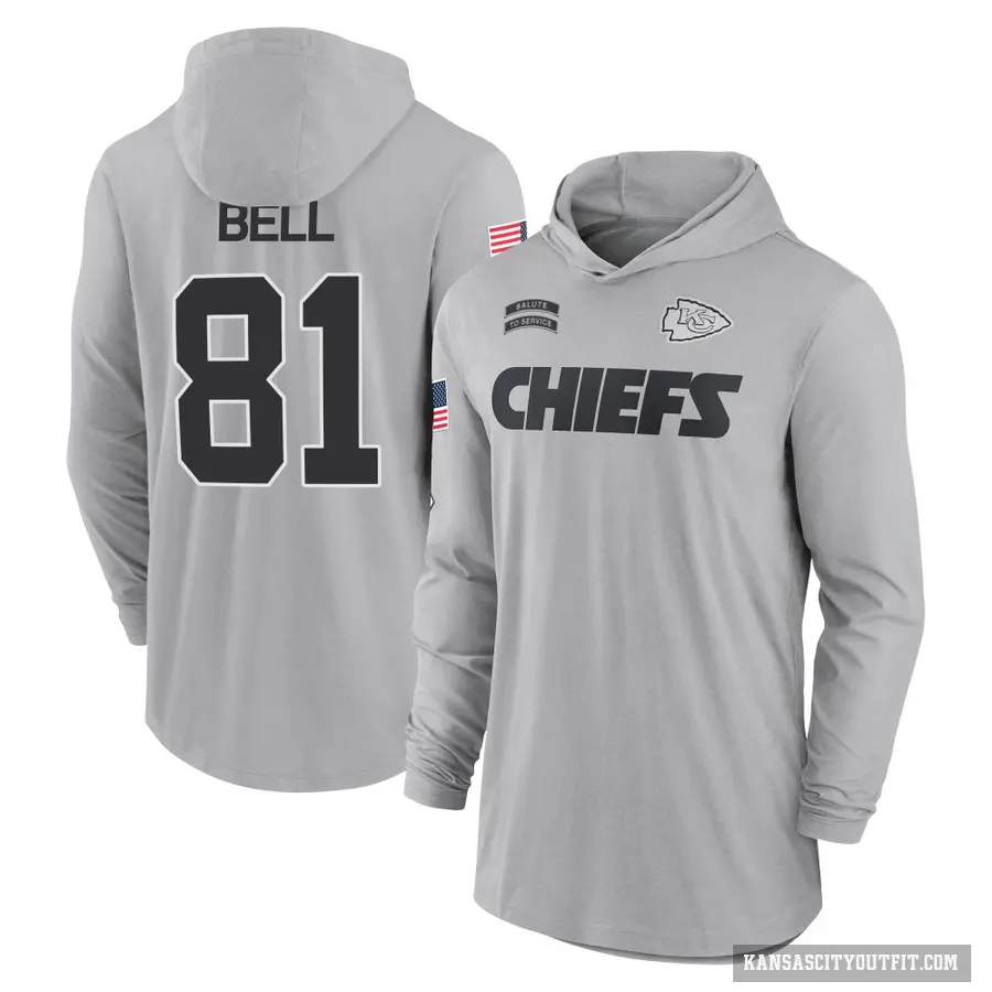 Youth ＃81 Blake Bell Kansas City Chiefs Gray 2024 Salute to Service Lightweight Performance Long Sleeve Hooded T-Shirt