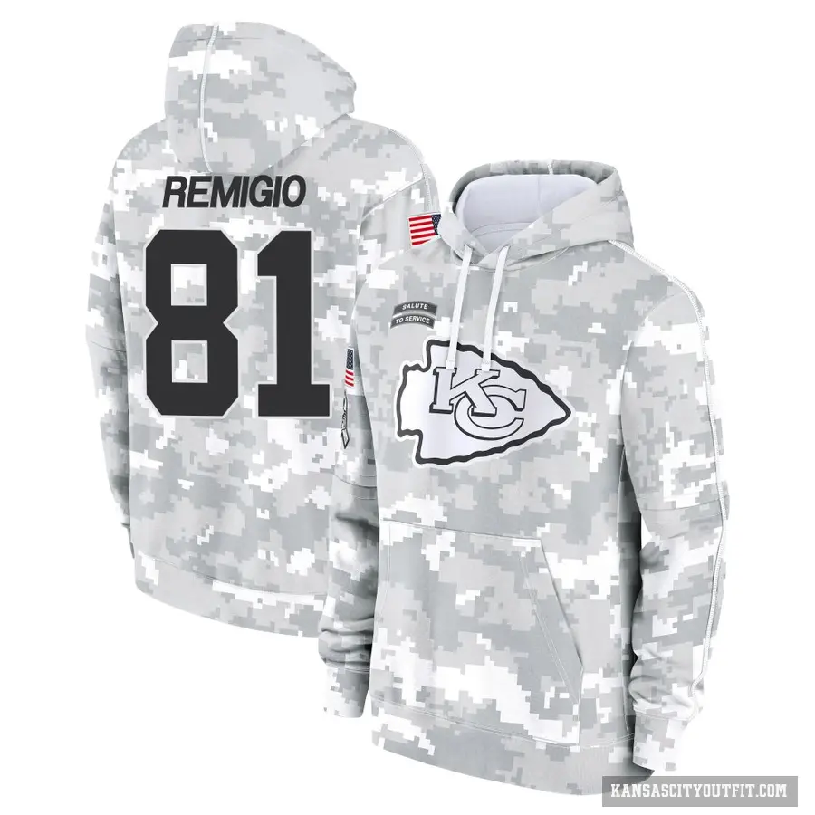Youth ＃81 Nikko Remigio Kansas City Chiefs Arctic Camo 2024 Salute to Service Club Fleece Pullover Hoodie