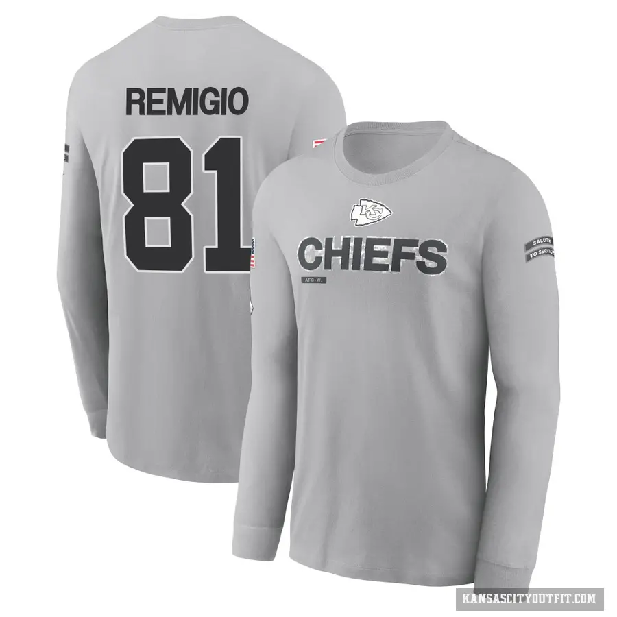 Youth ＃81 Nikko Remigio Kansas City Chiefs Gray 2024 Salute to Service Long Sleeve T-Shirt