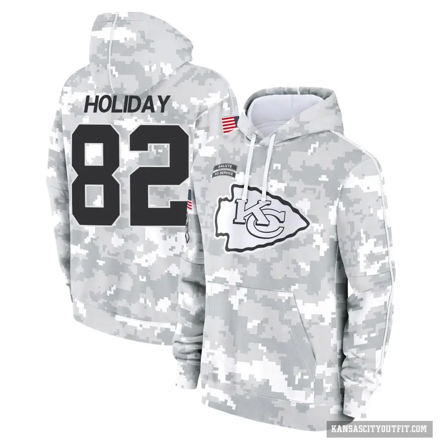 Youth ＃82 Jimmy Holiday Kansas City Chiefs Arctic Camo 2024 Salute to Service Club Fleece Pullover Hoodie