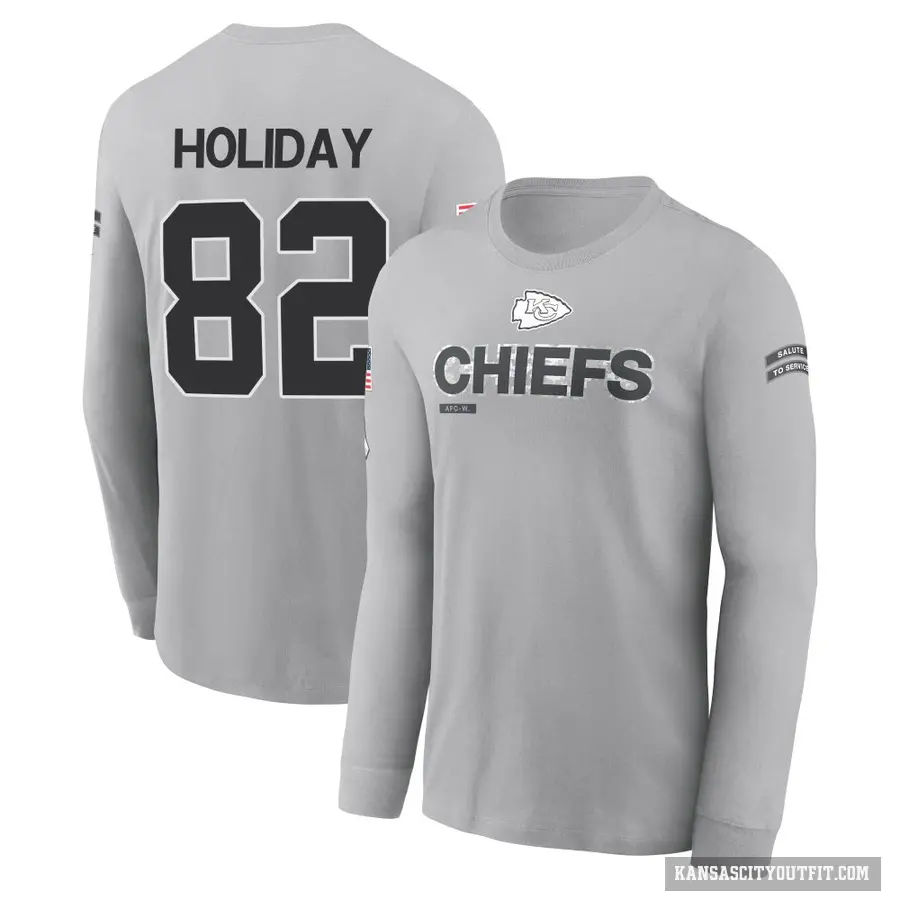 Youth ＃82 Jimmy Holiday Kansas City Chiefs Gray 2024 Salute to Service Long Sleeve T-Shirt