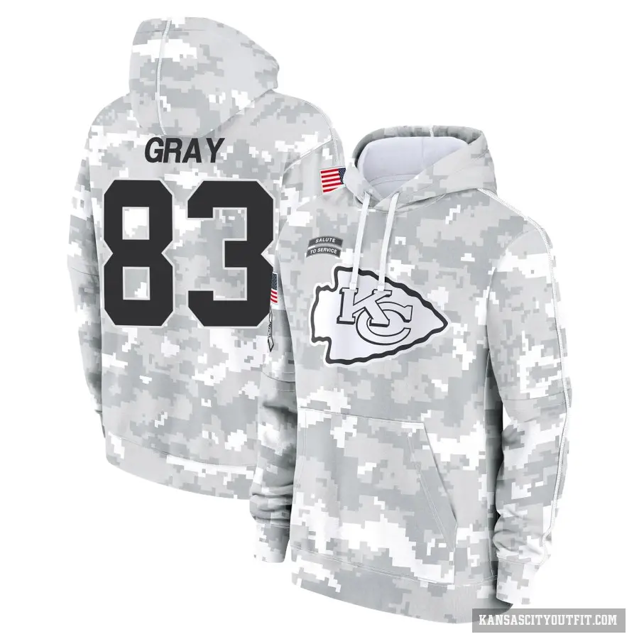 Youth ＃83 Noah Gray Kansas City Chiefs Arctic Camo 2024 Salute to Service Club Fleece Pullover Hoodie