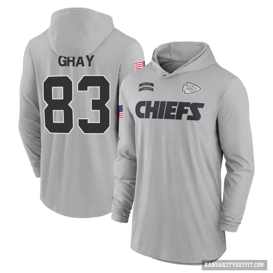 Youth ＃83 Noah Gray Kansas City Chiefs Gray 2024 Salute to Service Lightweight Performance Long Sleeve Hooded T-Shirt