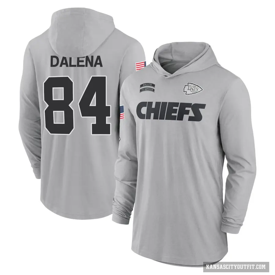 Youth ＃84 Mac Dalena Kansas City Chiefs Gray 2024 Salute to Service Lightweight Performance Long Sleeve Hooded T-Shirt