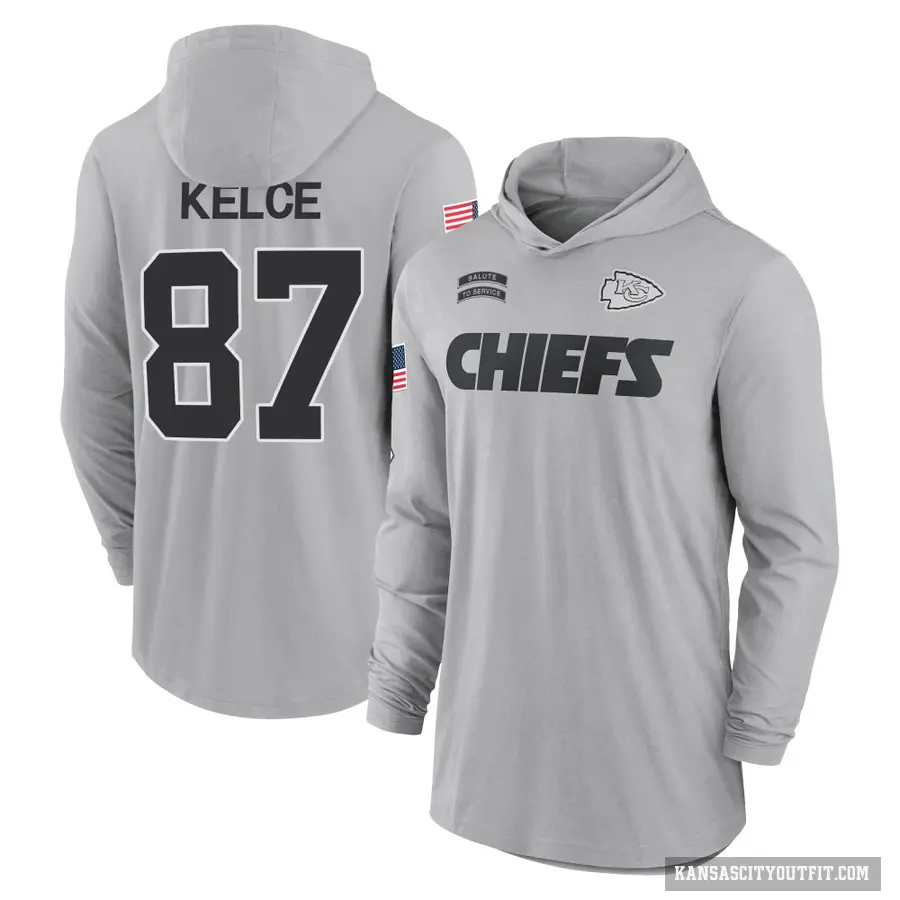 Youth ＃87 Travis Kelce Kansas City Chiefs Gray 2024 Salute to Service Lightweight Performance Long Sleeve Hooded T-Shirt