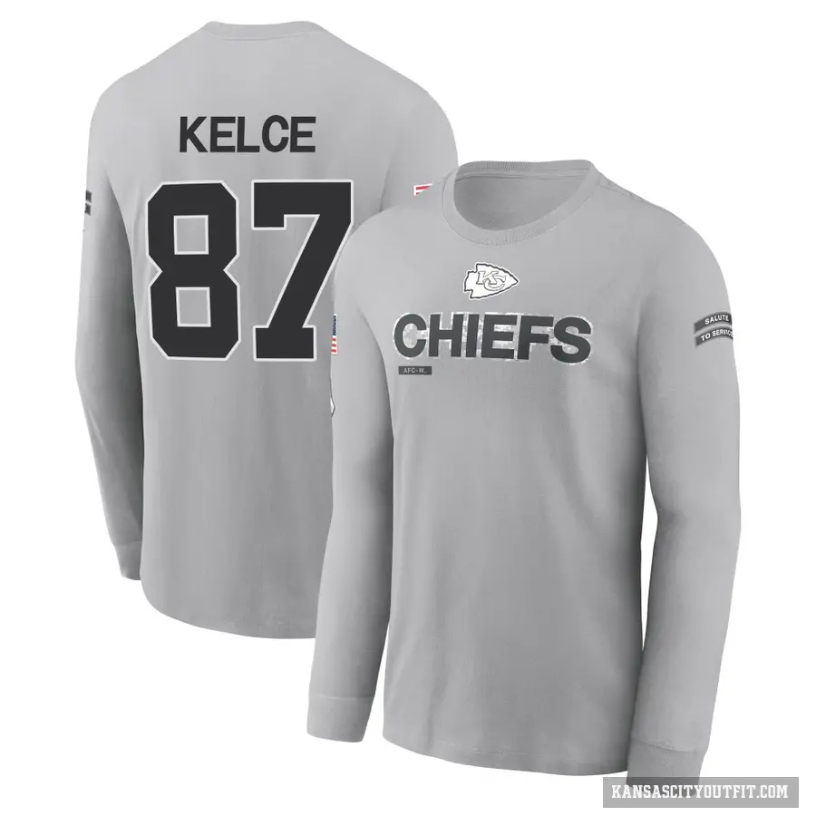 Youth ＃87 Travis Kelce Kansas City Chiefs Gray 2024 Salute to Service Long Sleeve T-Shirt