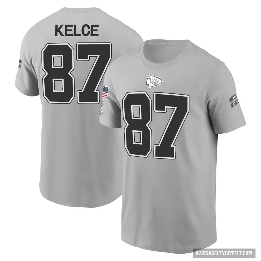 Youth ＃87 Travis Kelce Kansas City Chiefs Gray 2024 Salute to Service T-Shirt