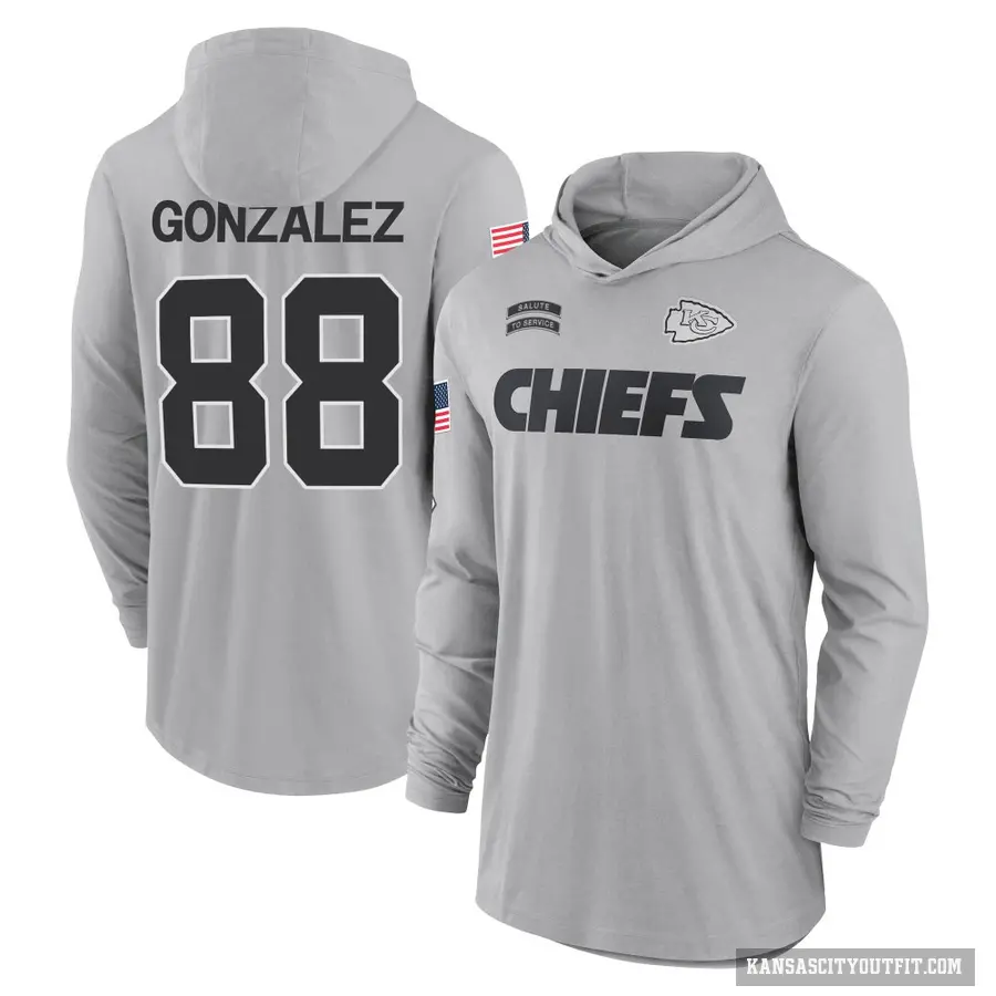Youth ＃88 Tony Gonzalez Kansas City Chiefs Gray 2024 Salute to Service Lightweight Performance Long Sleeve Hooded T-Shirt