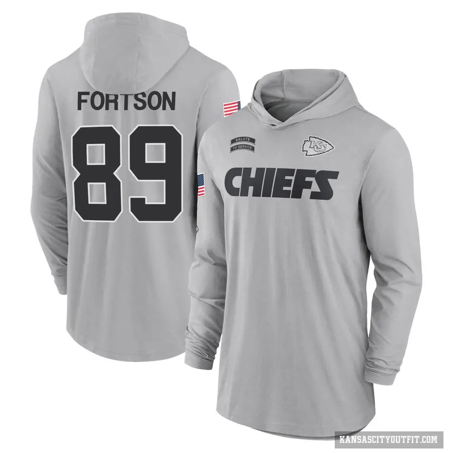 Youth ＃89 Jody Fortson Kansas City Chiefs Gray 2024 Salute to Service Lightweight Performance Long Sleeve Hooded T-Shirt