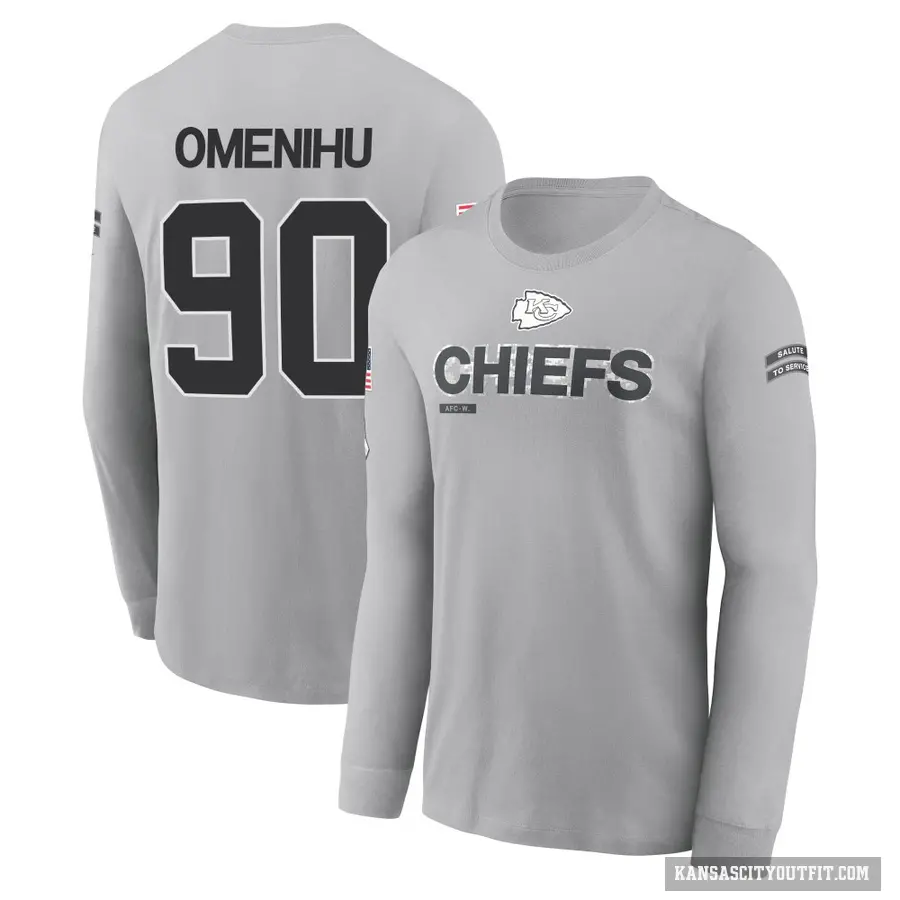 Youth ＃90 Charles Omenihu Kansas City Chiefs Gray 2024 Salute to Service Long Sleeve T-Shirt