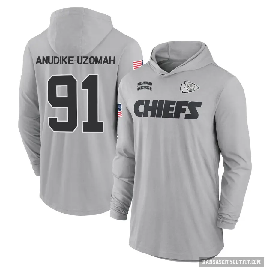 Youth ＃91 Felix Anudike-Uzomah Kansas City Chiefs Gray 2024 Salute to Service Lightweight Performance Long Sleeve Hooded T-Shirt