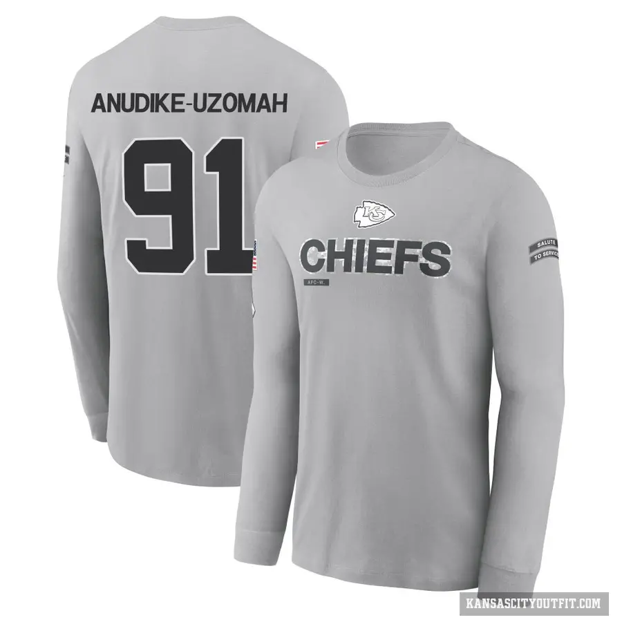 Youth ＃91 Felix Anudike-Uzomah Kansas City Chiefs Gray 2024 Salute to Service Long Sleeve T-Shirt