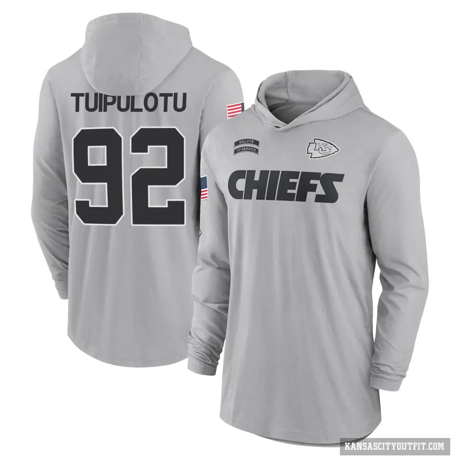 Youth ＃92 Marlon Tuipulotu Kansas City Chiefs Gray 2024 Salute to Service Lightweight Performance Long Sleeve Hooded T-Shirt