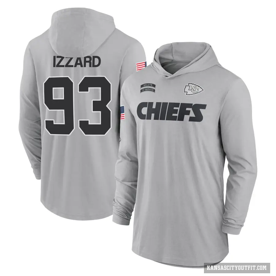 Youth ＃93 Coziah Izzard Kansas City Chiefs Gray 2024 Salute to Service Lightweight Performance Long Sleeve Hooded T-Shirt