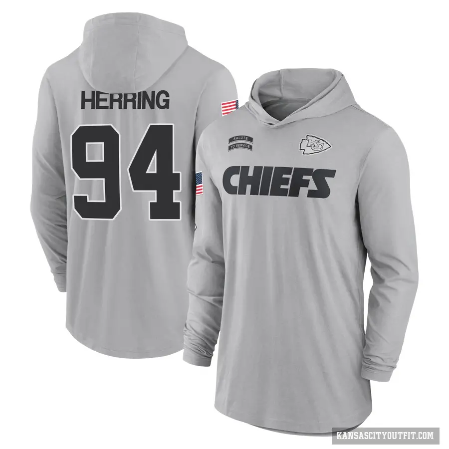 Youth ＃94 Malik Herring Kansas City Chiefs Gray 2024 Salute to Service Lightweight Performance Long Sleeve Hooded T-Shirt