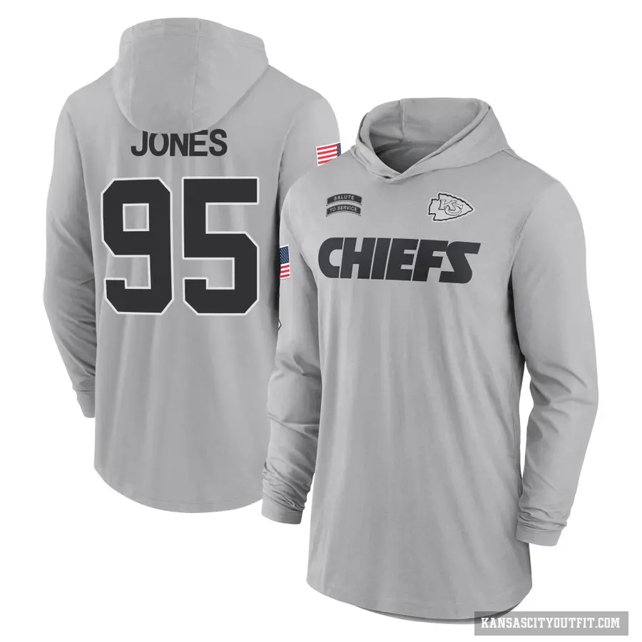 Youth ＃95 Chris Jones Kansas City Chiefs Gray 2024 Salute to Service Lightweight Performance Long Sleeve Hooded T-Shirt