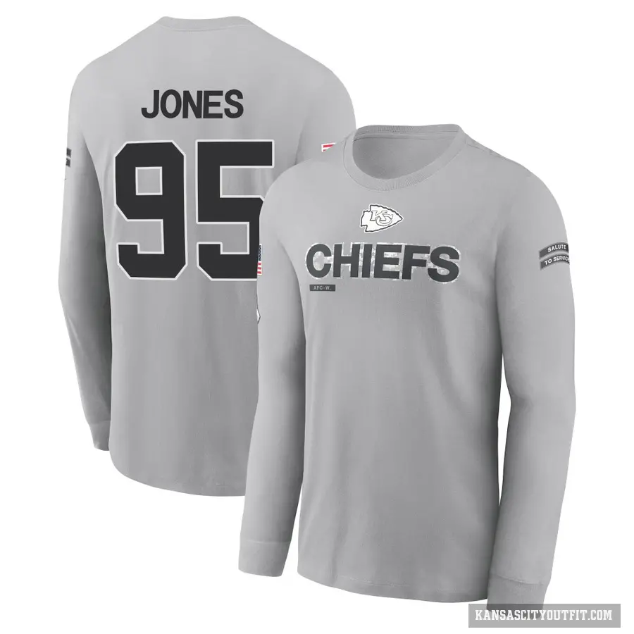 Youth ＃95 Chris Jones Kansas City Chiefs Gray 2024 Salute to Service Long Sleeve T-Shirt