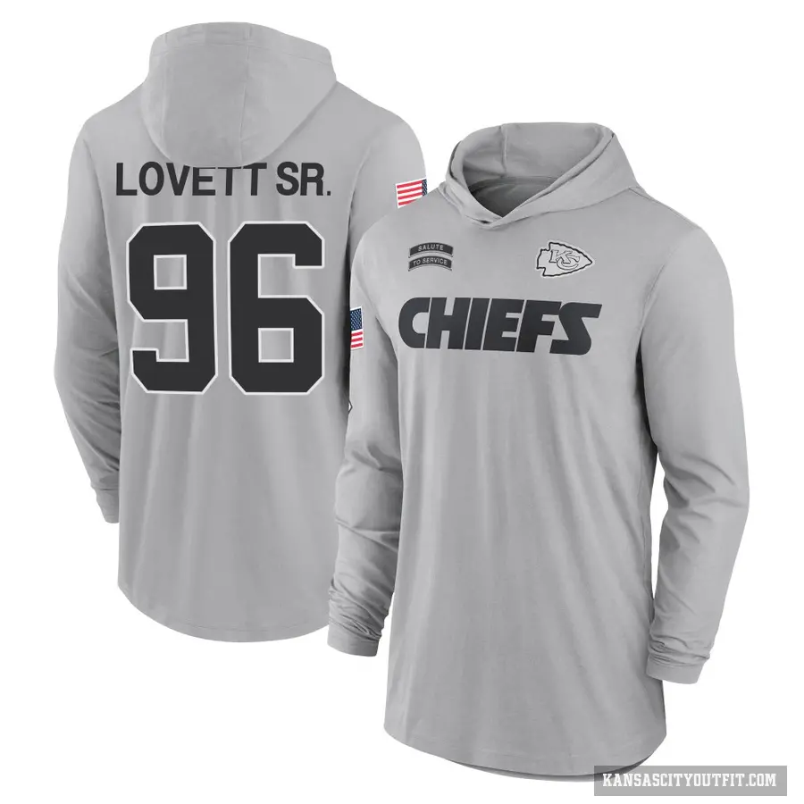Youth ＃96 Fabien Lovett Sr. Kansas City Chiefs Gray 2024 Salute to Service Lightweight Performance Long Sleeve Hooded T-Shirt